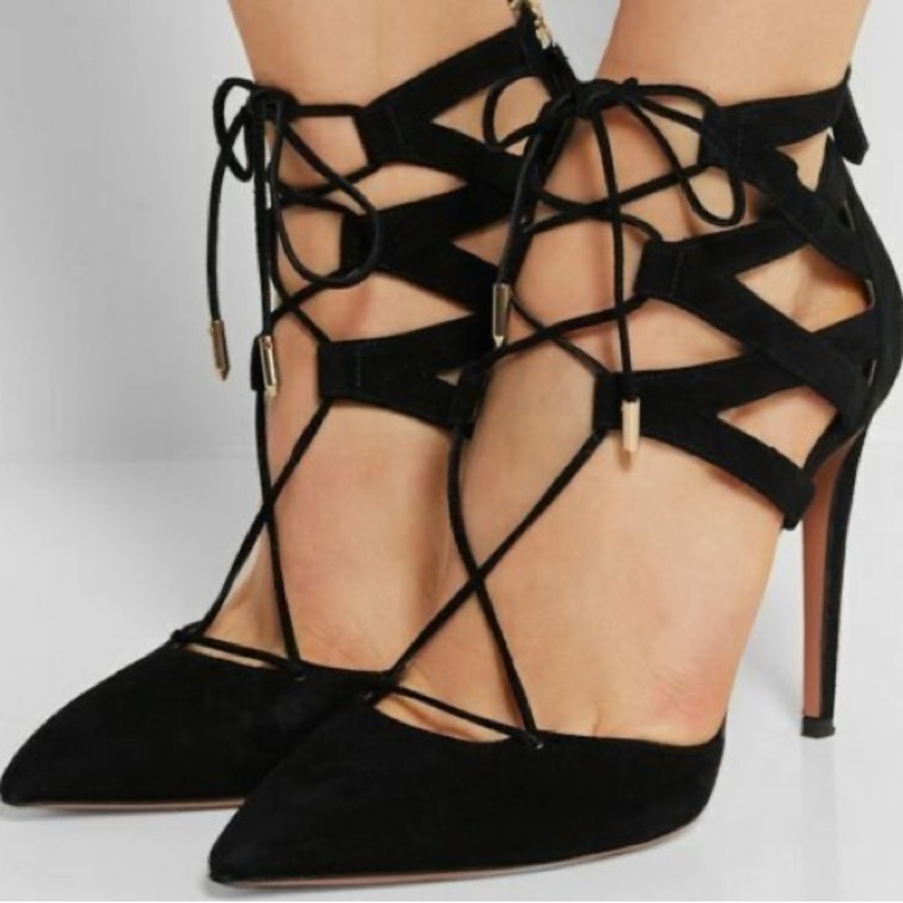 AQUAZZURA Belgravia Lattice CAGED Suede Pointed Toe Black Pumps